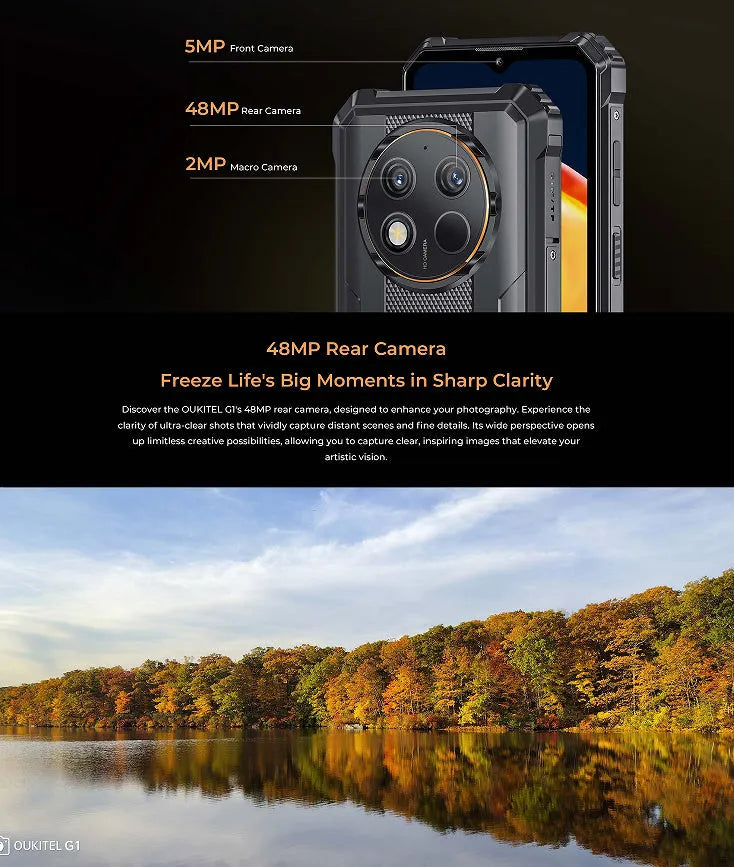 OUKITEL G1 mobile phone in grey, green, and orange colour options with included charger.