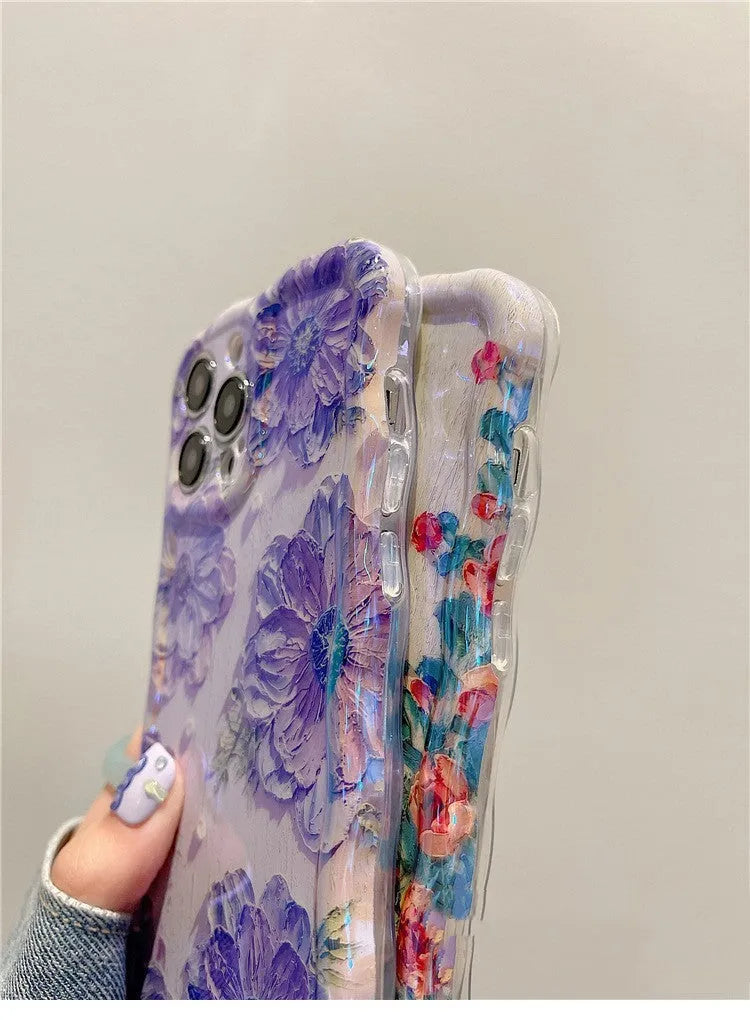 Advanced art oil painting flower phone case with twisted edge design, green background, blue light, for iPhone