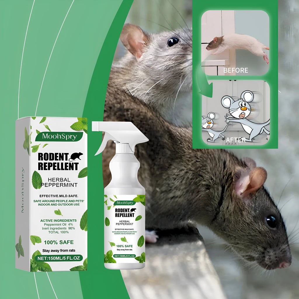 150ml mint-flavoured rodent repellent spray in a clear plastic bottle with a green label and trigger nozzle