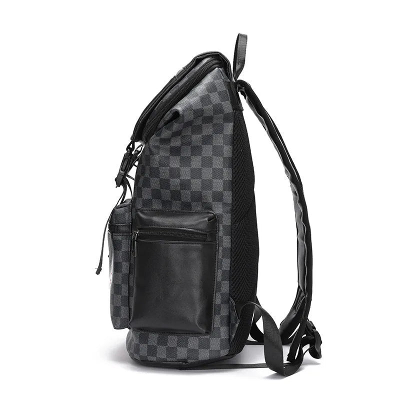 Black checkered printed PU leather backpack with curved shoulder straps shown from front perspective