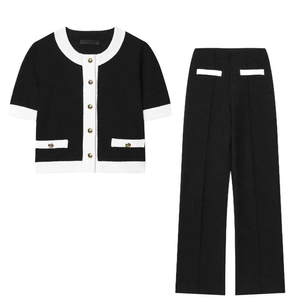 Polyester contrast colour beaded leather round neck top with matching high-waisted trousers suit set