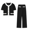 Polyester contrast colour beaded leather round neck top with matching high-waisted trousers suit set