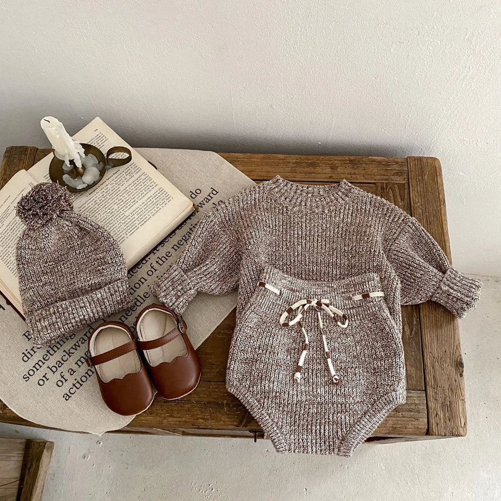 Dark brown baby girl knitted pullover set with matching shorts and fur-ball hat