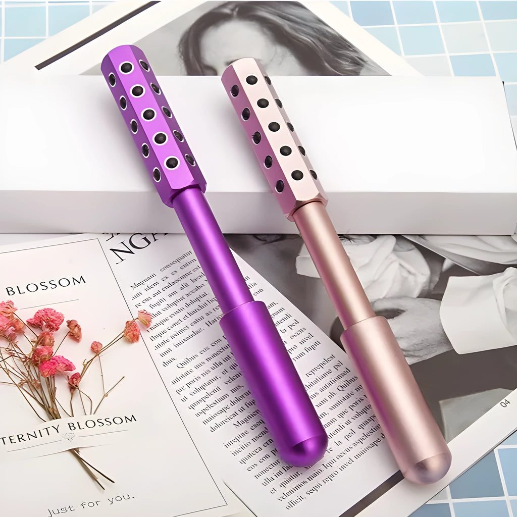 Purple germanium particle facial massage roller with 193mm handle length for beauty skincare