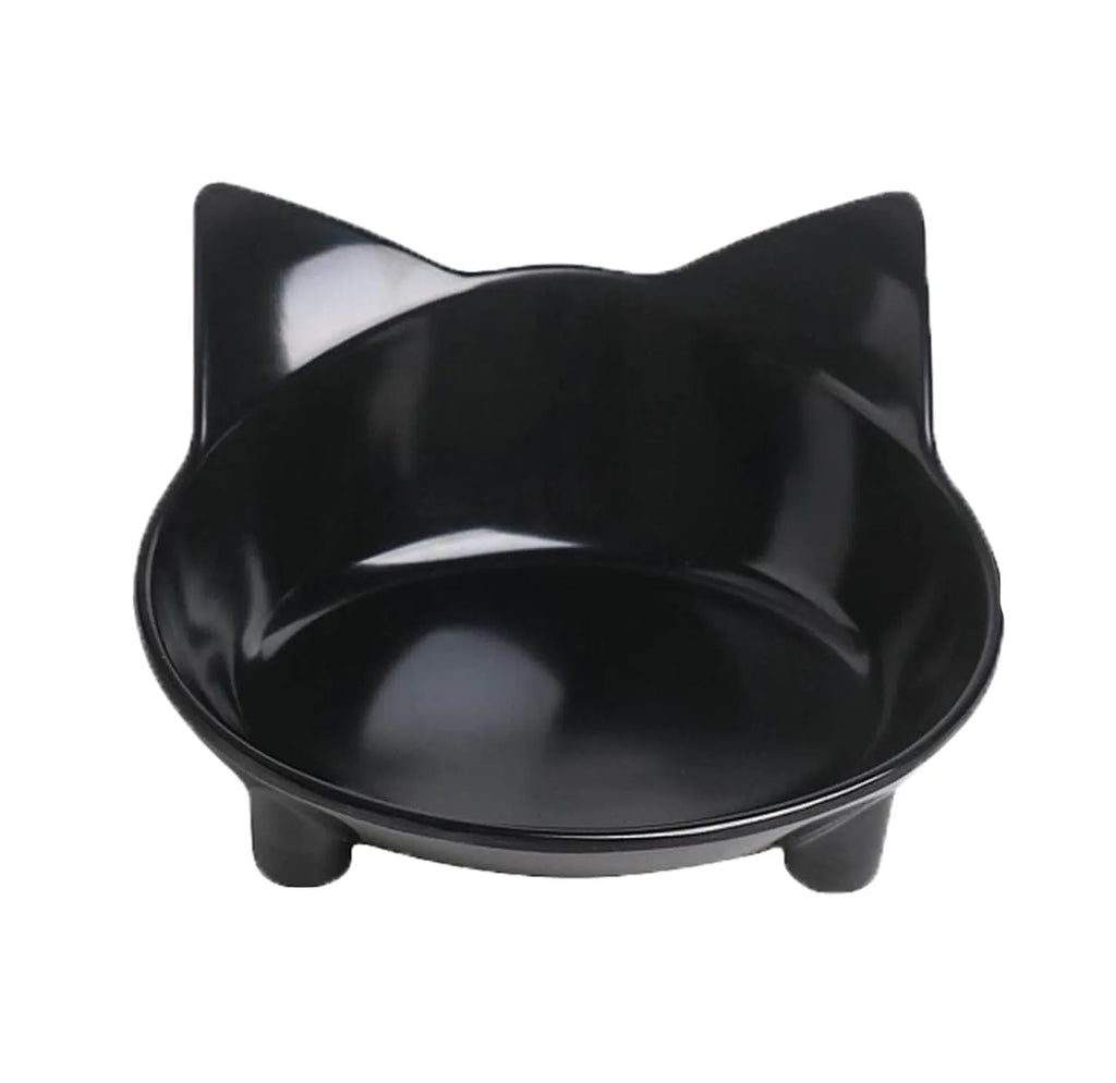 White shallow melamine cat bowl with non-slip rubber base on a table.