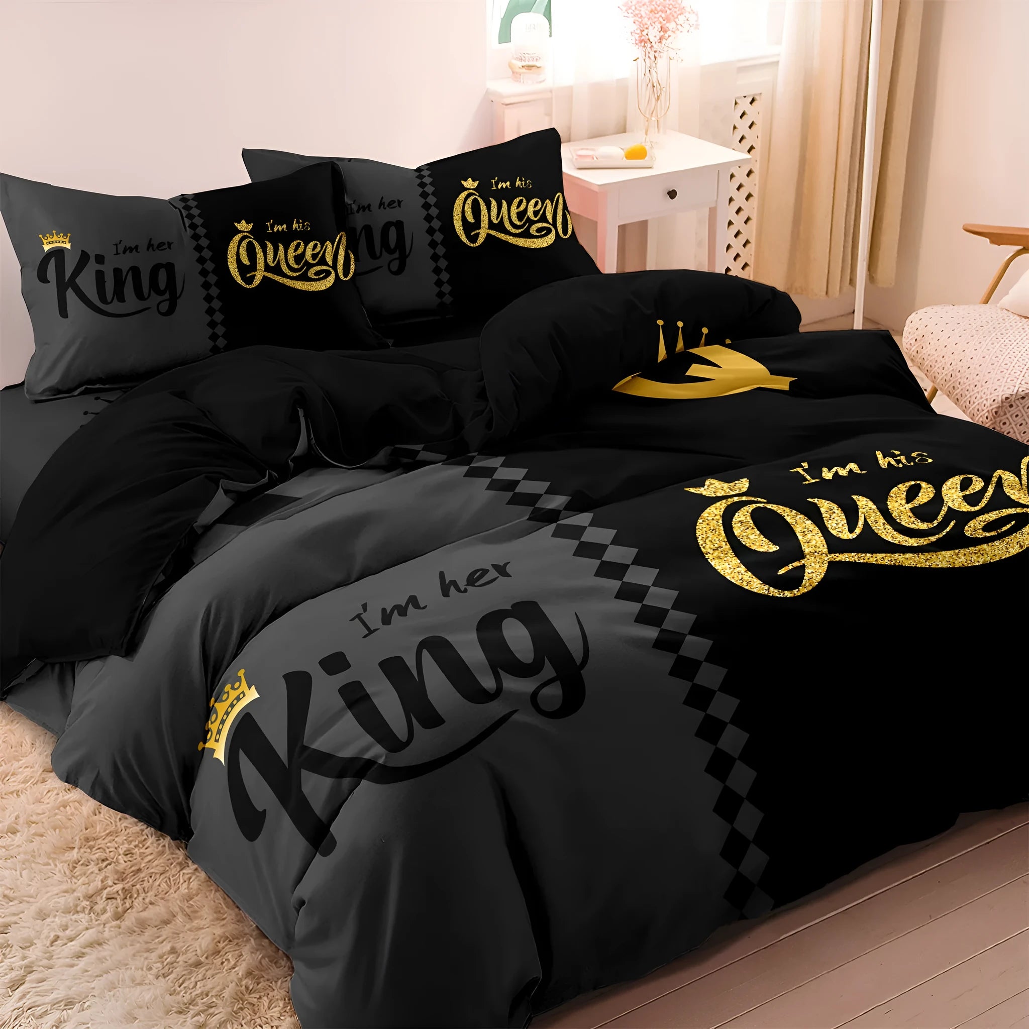 Three piece Crown English digital printed quilt cover set in light gray with pattern, on a bed