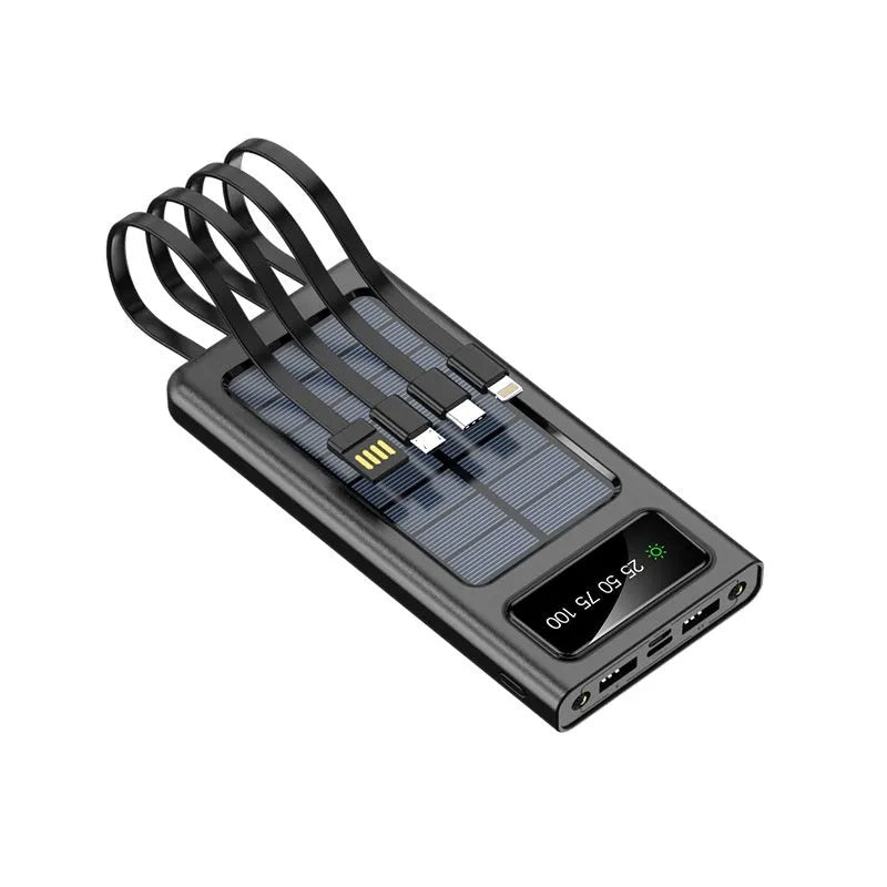 Solar power bank with four attached charging cables in black or white colour options