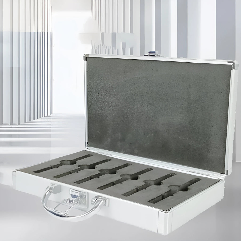 Silver aluminium alloy toolbox with lock and carry handle on a workbench