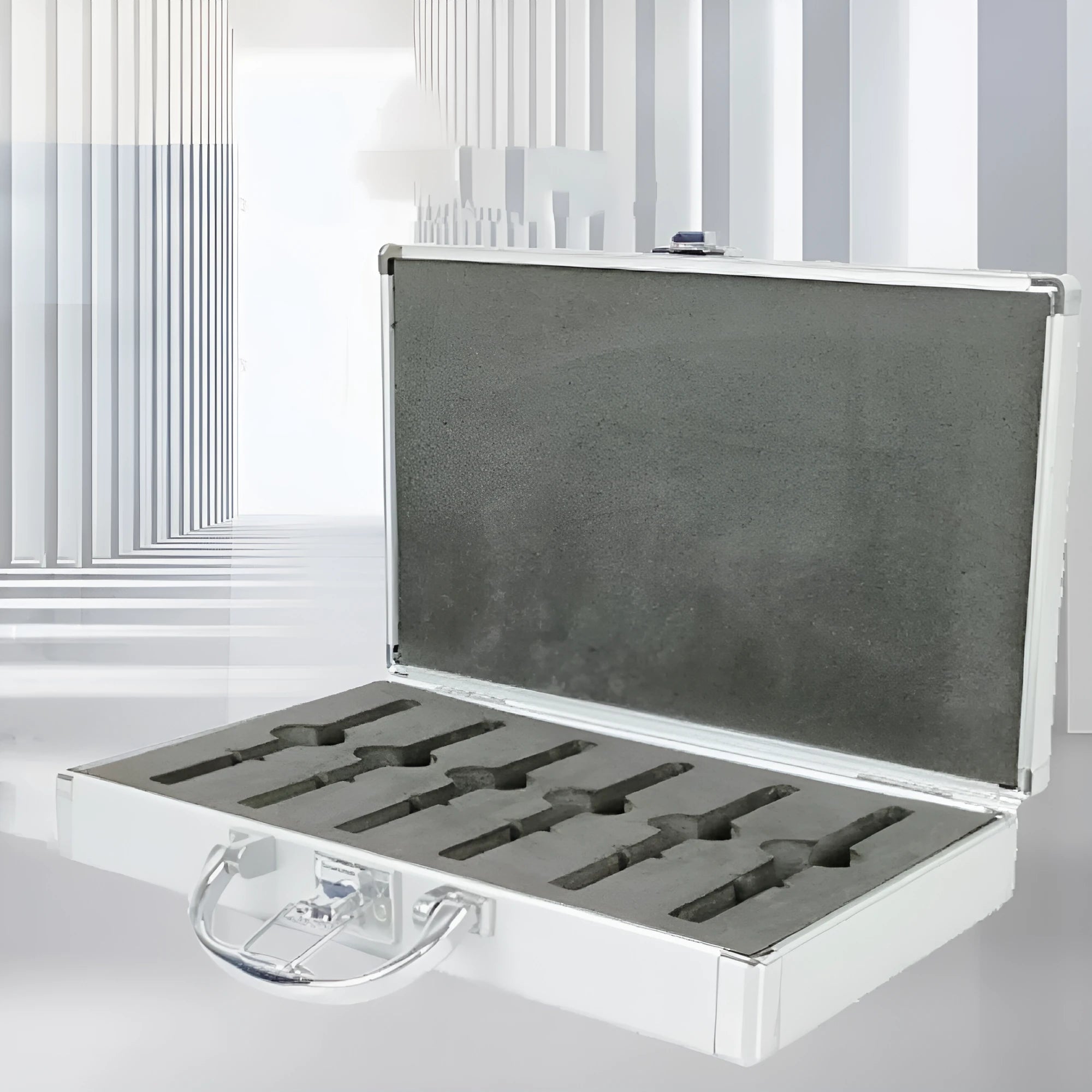 Silver aluminium alloy toolbox with lock and carry handle on a workbench