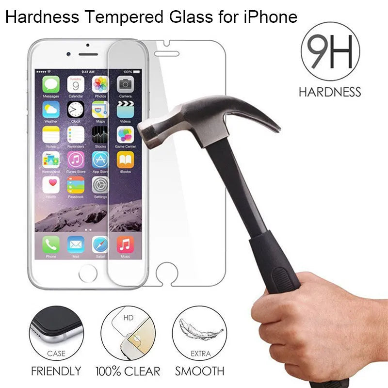 Transparent tempered glass screen protector for iPhone with anti-fingerprint coating.