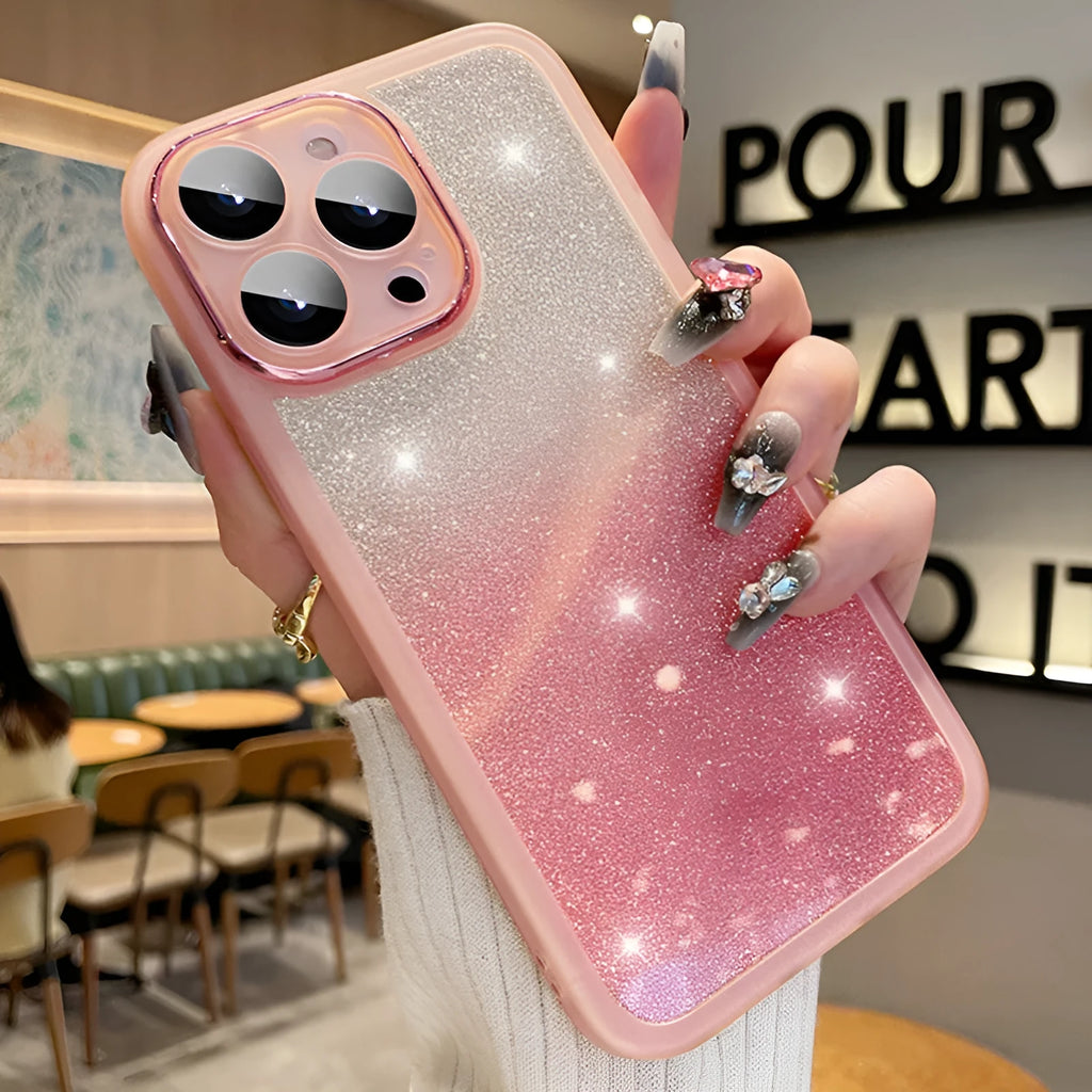 Transparent glitter gradient magnetic iPhone case for iPhone 15 Pro Max in pink and silver.