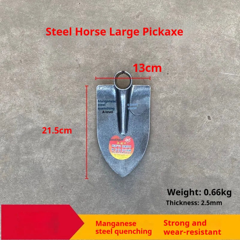 Agricultural pointed hoe with a flat blade, made from manganese and stainless steel.