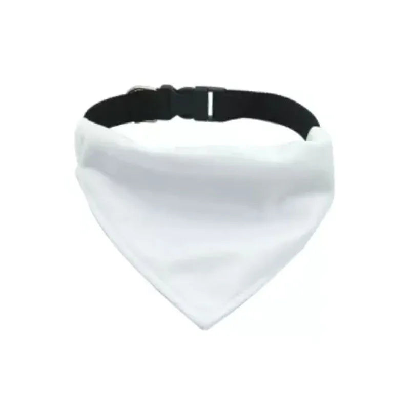 White blank polyester dog scarf for thermal transfer customisation showing four size options