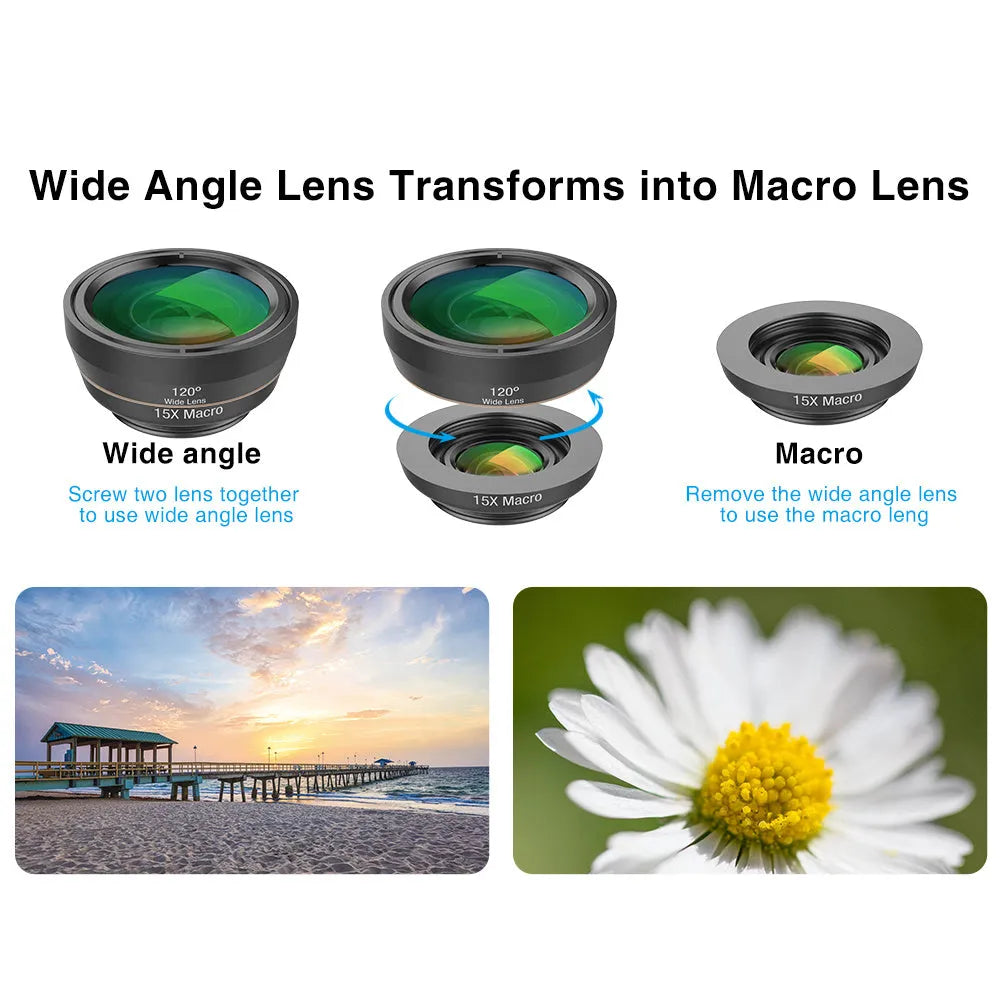 Black universal smartphone lens kit with six detachable lenses including fisheye, macro, and telephoto, shown with clip and case.