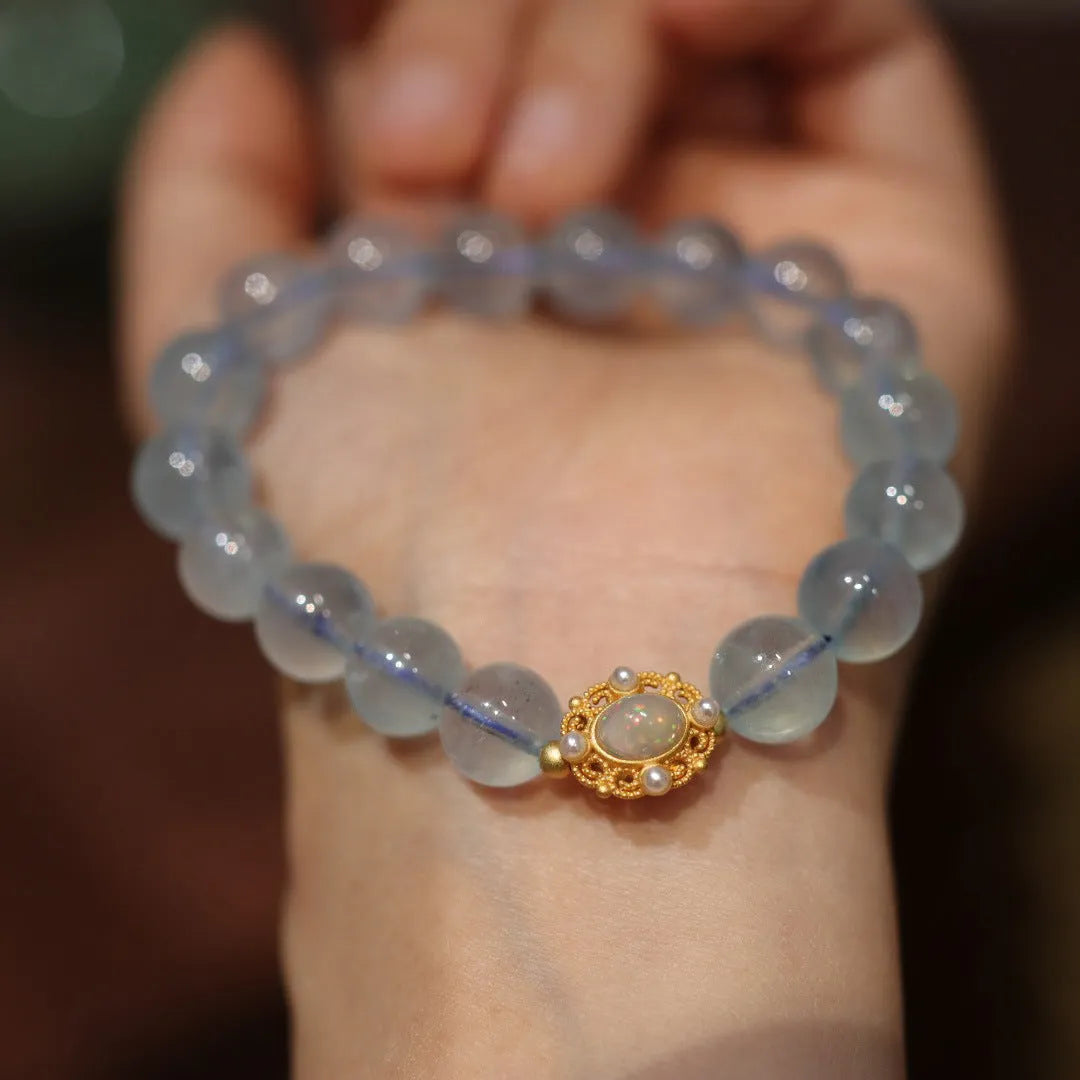 Aquamarine Chinese style Fengjiu DIY bracelet with pearl and pink crystal clip for women.