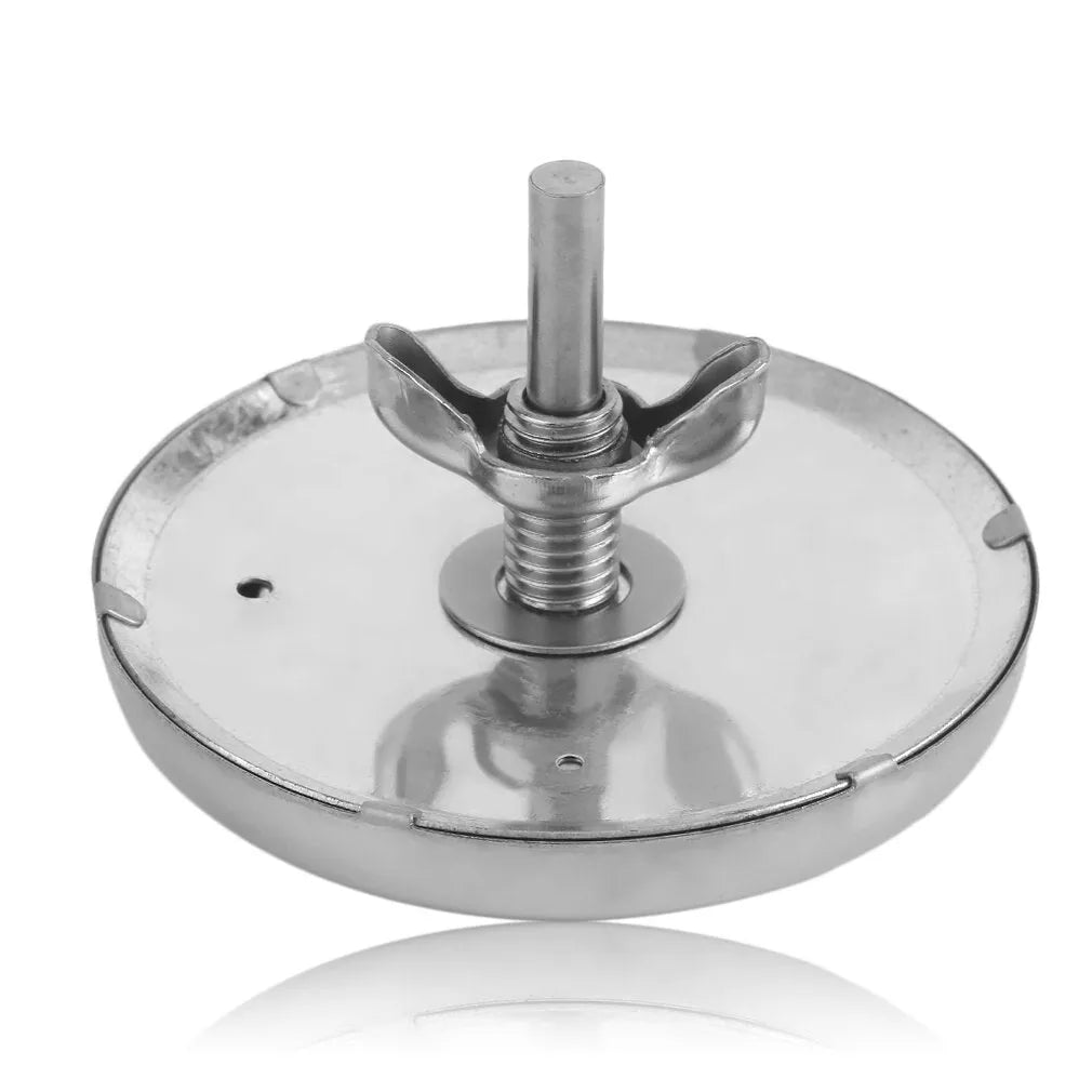 Stainless steel metal thermometer with 76mm round dial and 6x39mm probe on white background