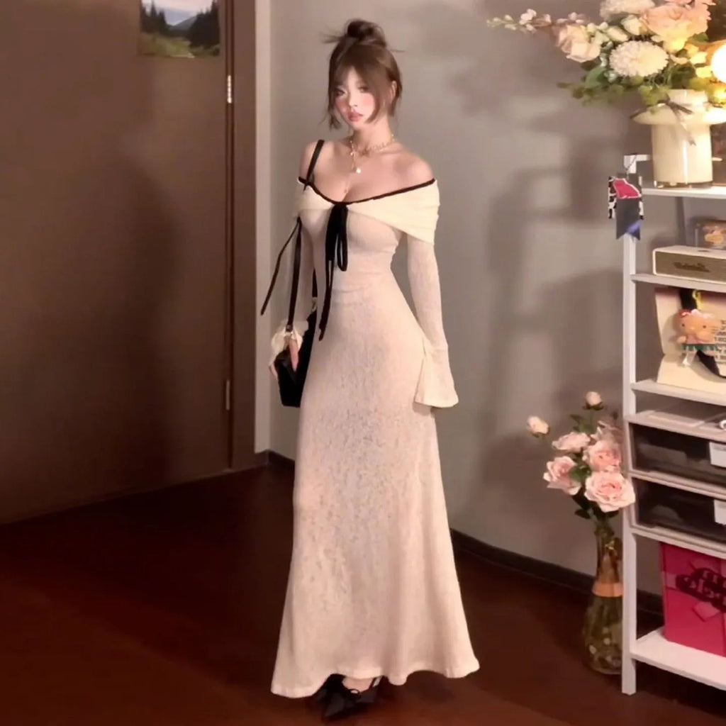 Pure Desire white off-shoulder long-sleeved knitted dress for women, high-waist polyester