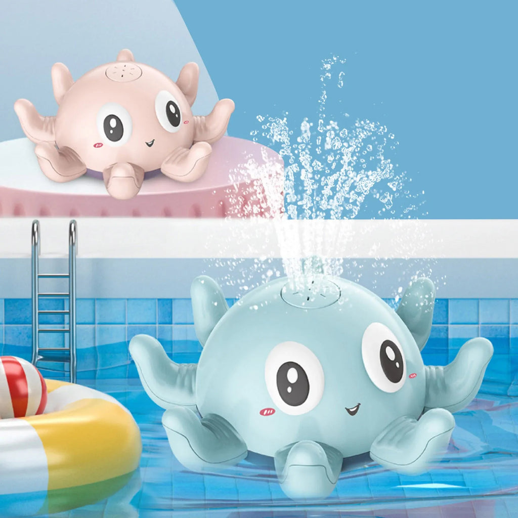 Blue automatic water spray bath toy shaped like an octopus with flashing lights, for baby bath time.