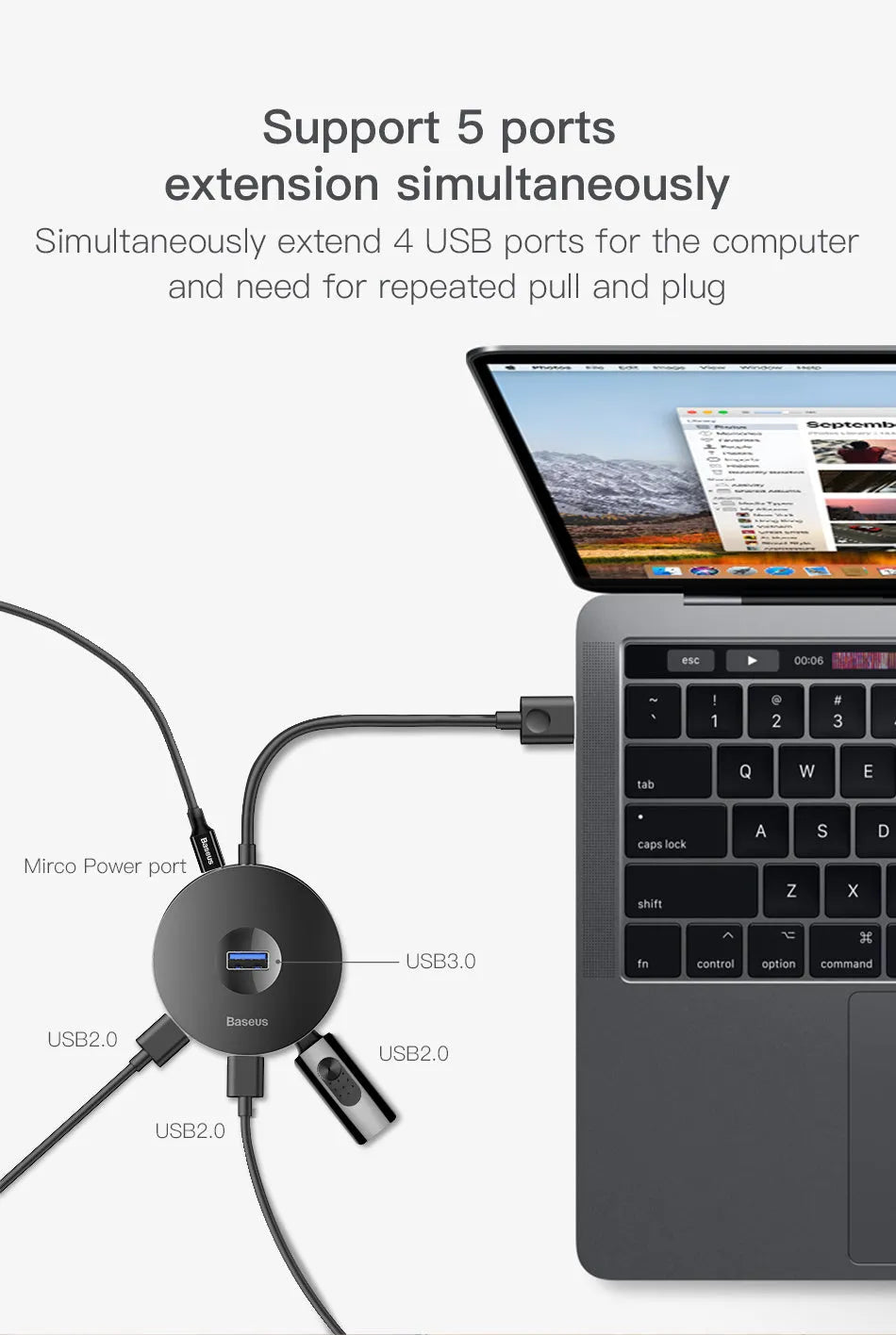 Round USB hub adapter for notebook with black cable and LED indicator for power
