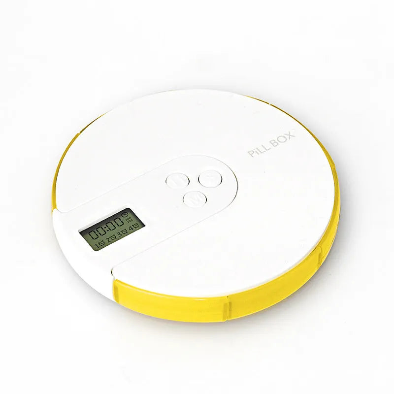 Compact blue 7-compartment alarm clock pill dispenser showing timer display and open lids.