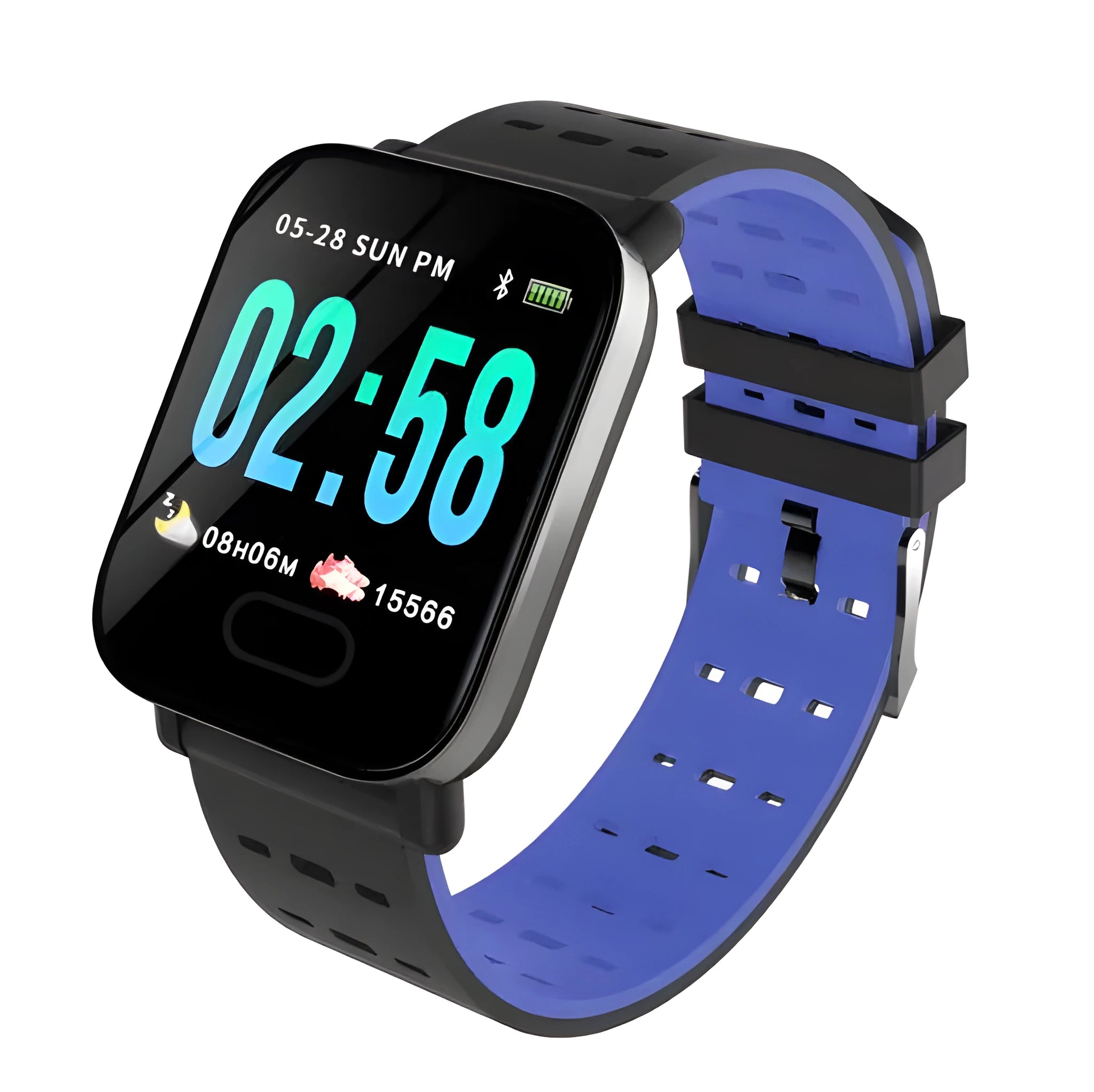A6 smart bracelet with colour screen and silicone strap in blue, black, or orange on a wrist