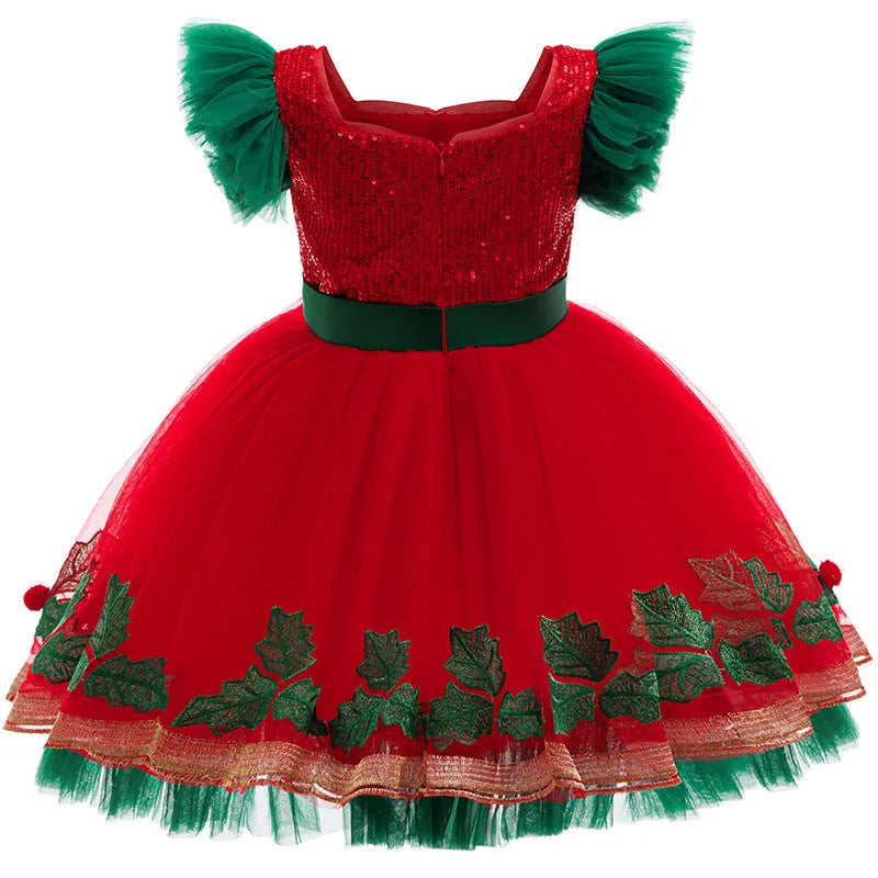 Children's colour-blocking princess dress with lace in D1557 red on a child aged 8-10, polyester fabric, full-length view