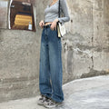 Women's high-waisted retro blue straight-leg jeans on a neutral background