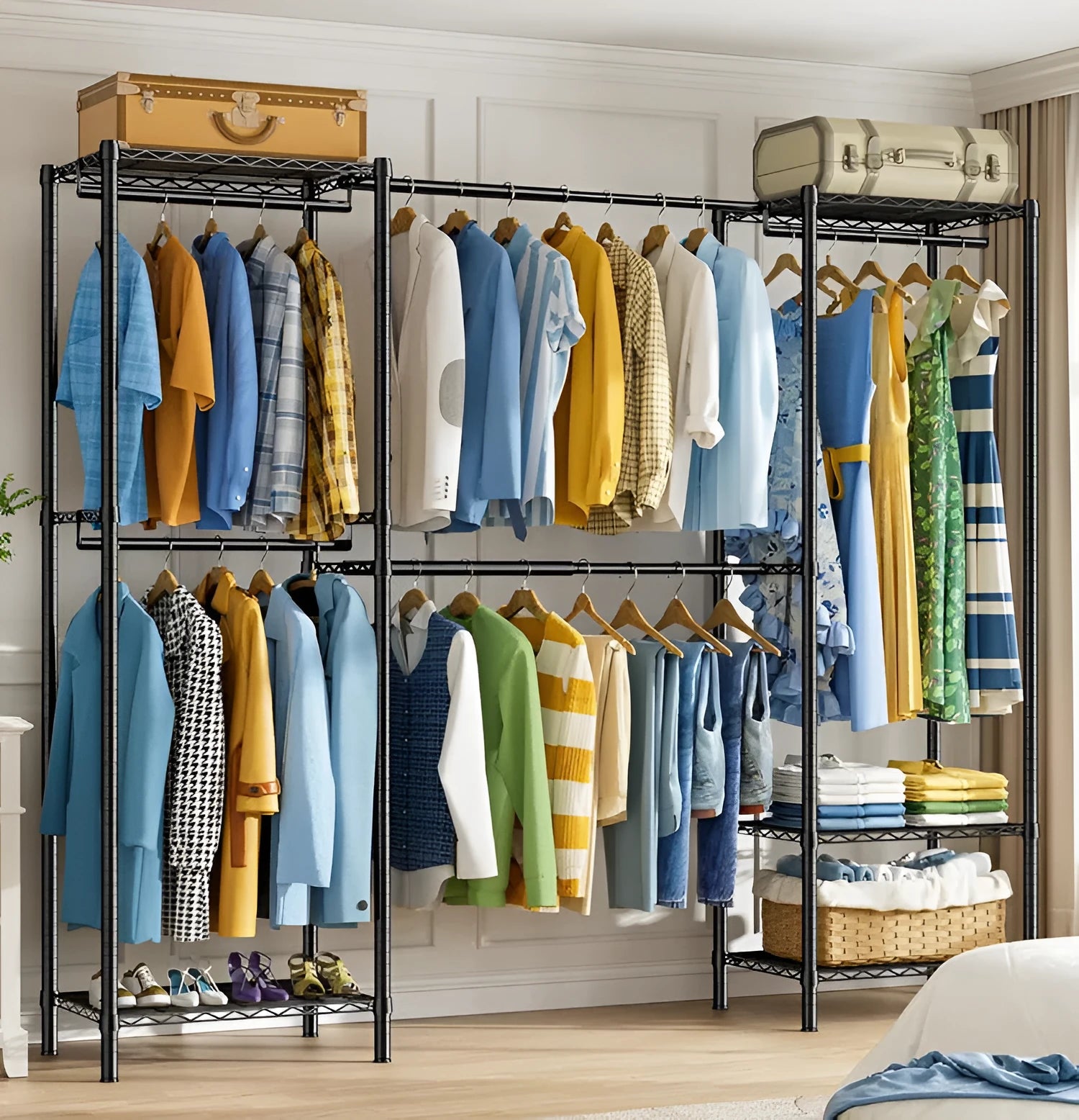 Black metal household storage rack for hangers, trousers and ties measuring 175cm high