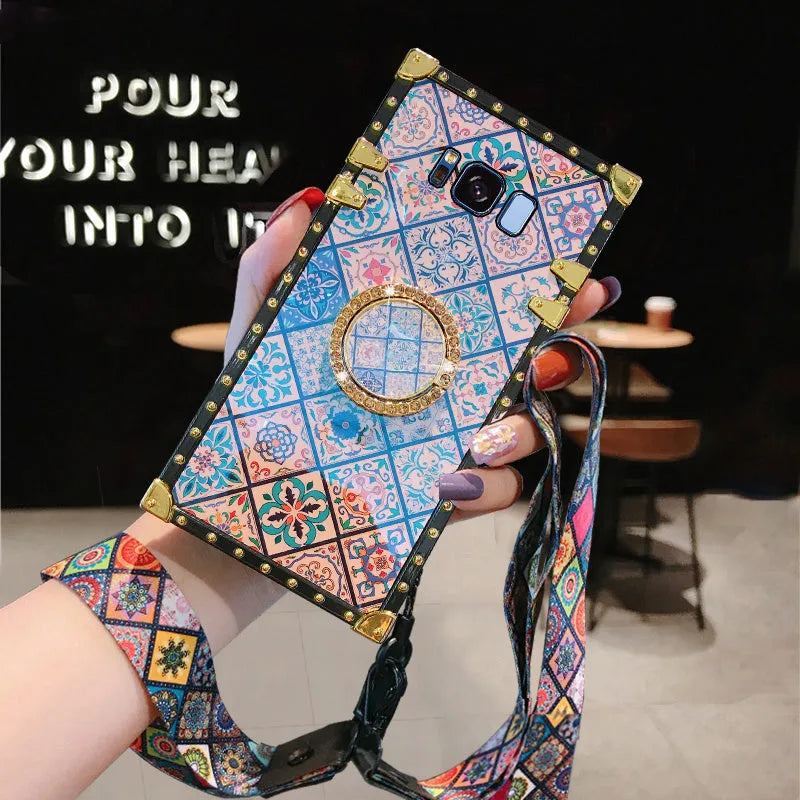 Samsung S8 silicone protective case with bohemian blue light mirror frame design in square cover format