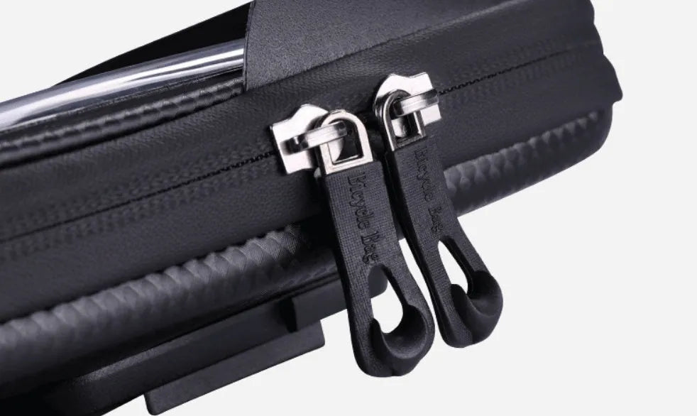 Black nylon cycle mobile phone bracket bag with 6.0 inch screen window, water resistant, anti-glare visor, and tool-free adjustable base