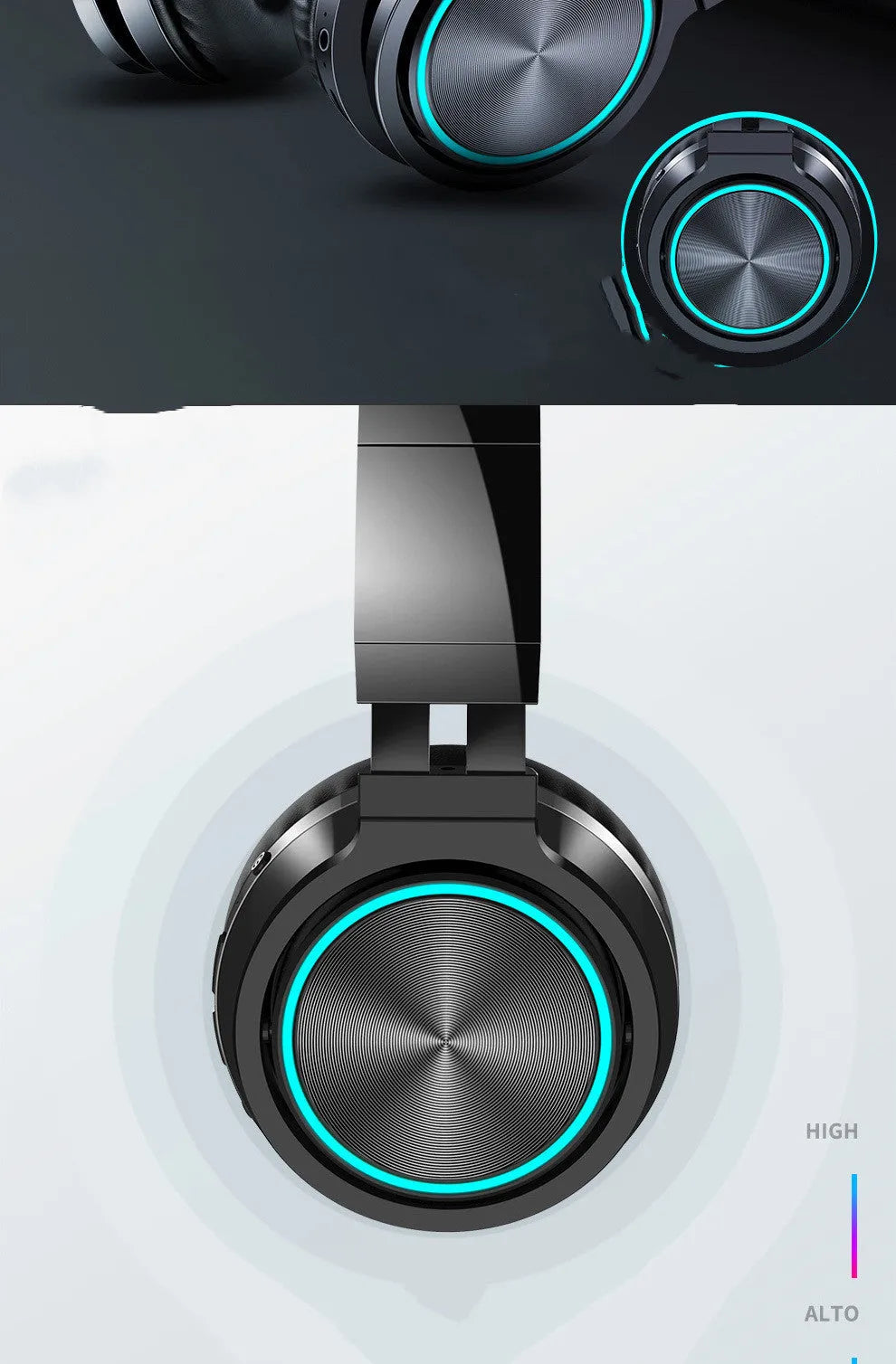 B12 wireless folding headset in black, black and red, or white and grey colour options showing head-mounted design