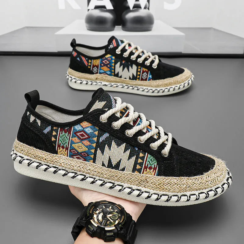 Men's casual summer shoes with breathable cloth upper in black colour, round-toe design
