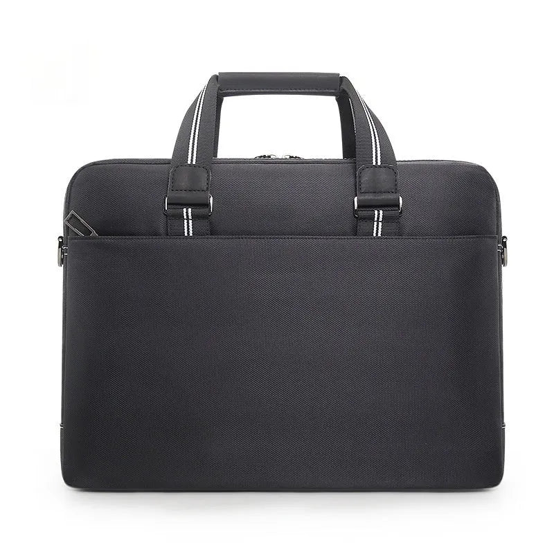 Black Oxford cloth men's laptop bag with soft handle, fits 16-inch laptop, for business travel.
