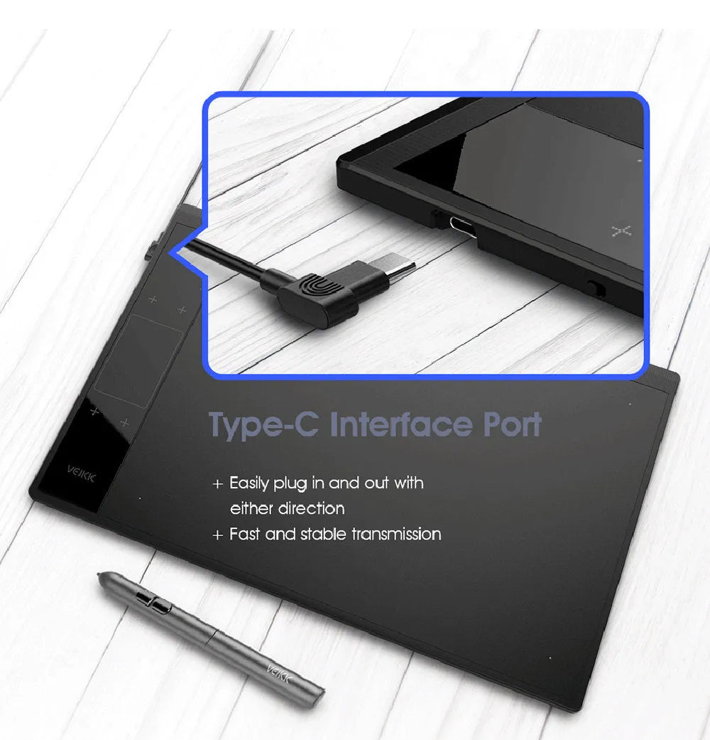 VEIKK A30 drawing tablet with battery-free stylus on desk showing 10x6 inch active area