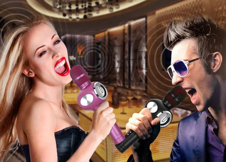Yaerjia E108 wireless karaoke microphone in black, gold, or pink colour with built-in speaker