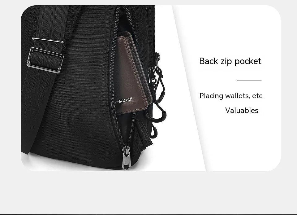 Casual black TPU camouflage chest bag with single shoulder strap and soft handle on a plain background.