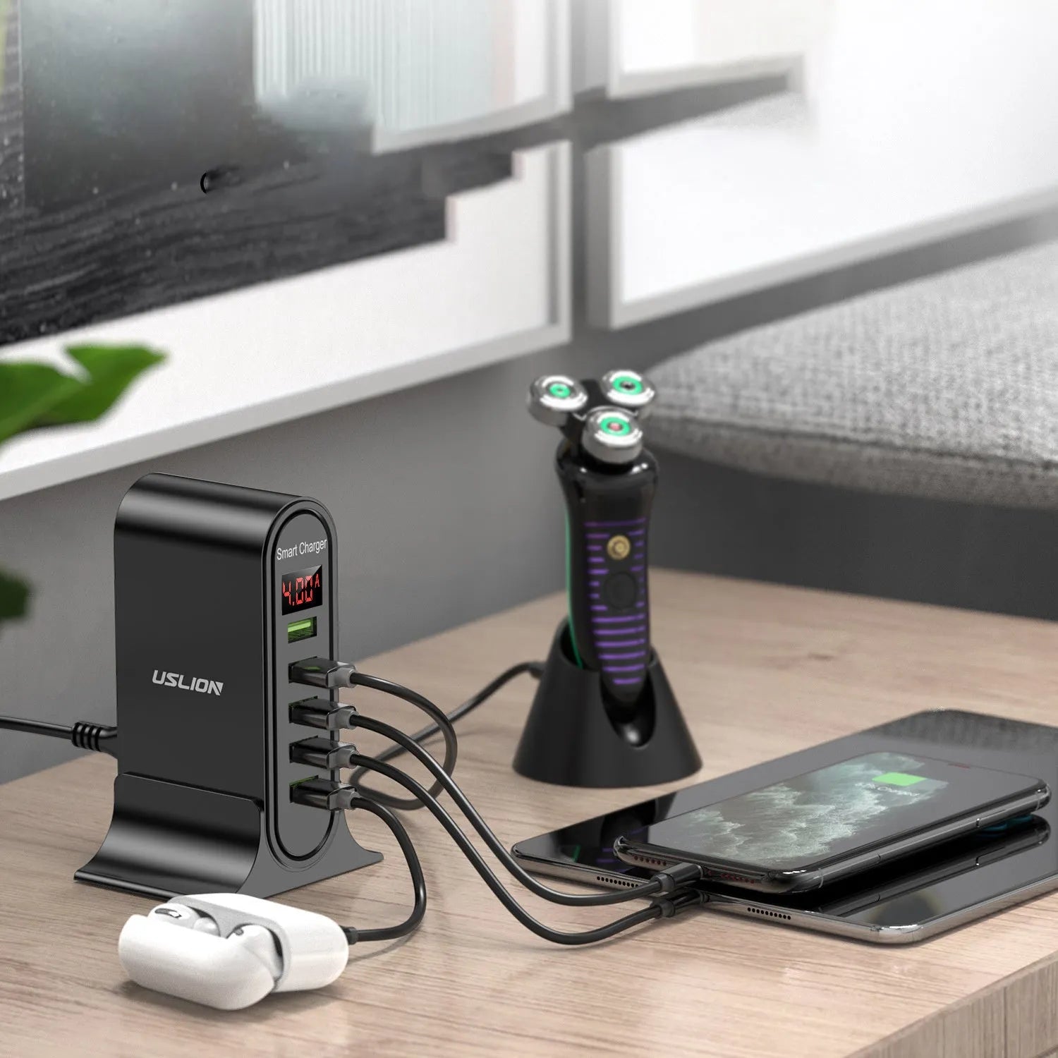 Smart LED digital display USB charger in black or white with regional plug options