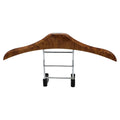 Wood yellow stainless steel and ABS car coat hanger for suits and shirts, shown detached.