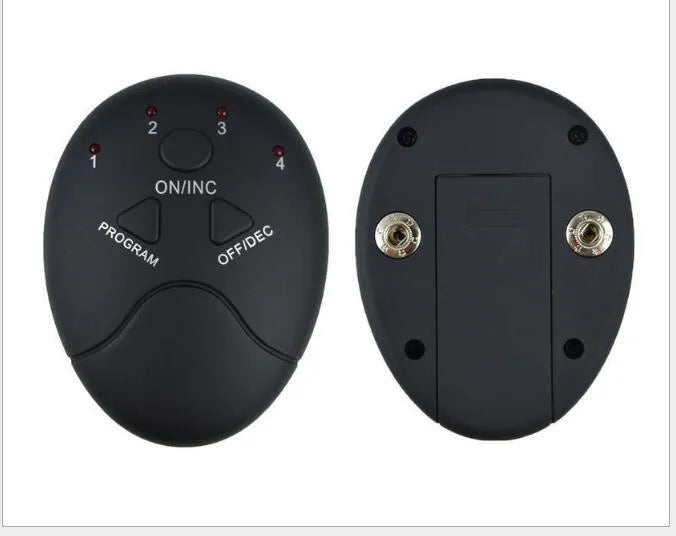 Black EMS muscle stimulator device with electrode pads for abdominal toning and slimming