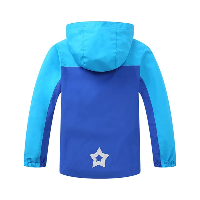 Blue lightweight boys' jacket with long sleeves and a zip, shown on a hanger.
