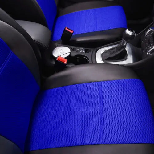 Set of synthetic leather car seat covers in a choice of colours, shown with plastic hooks for installation.