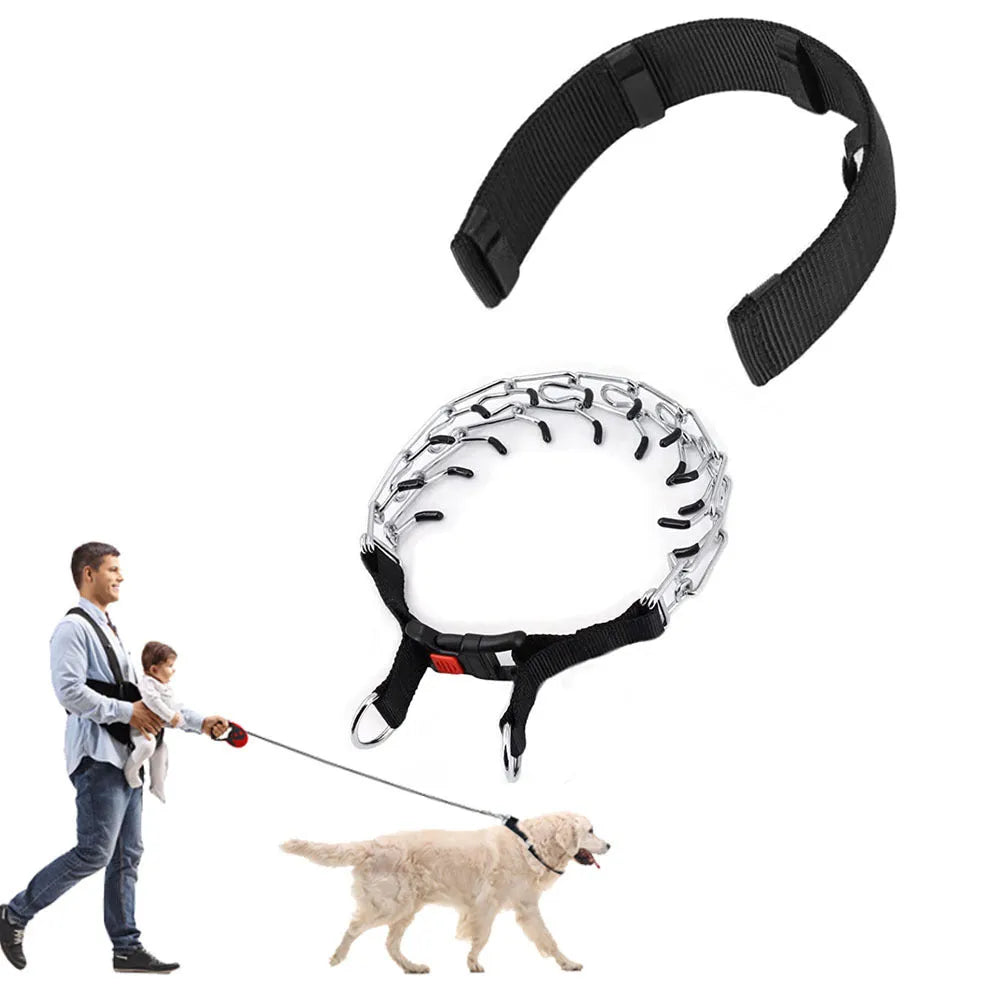 Stainless steel spike dog training collar in reflective blue, shown in size L for medium dog breeds.