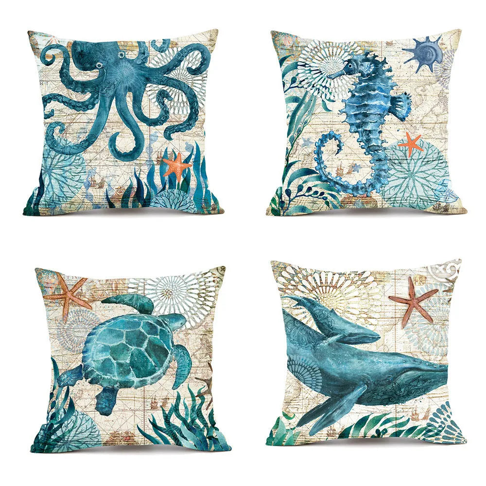 Sea turtle printed linen cushion cover 45x45cm with invisible zipper closure