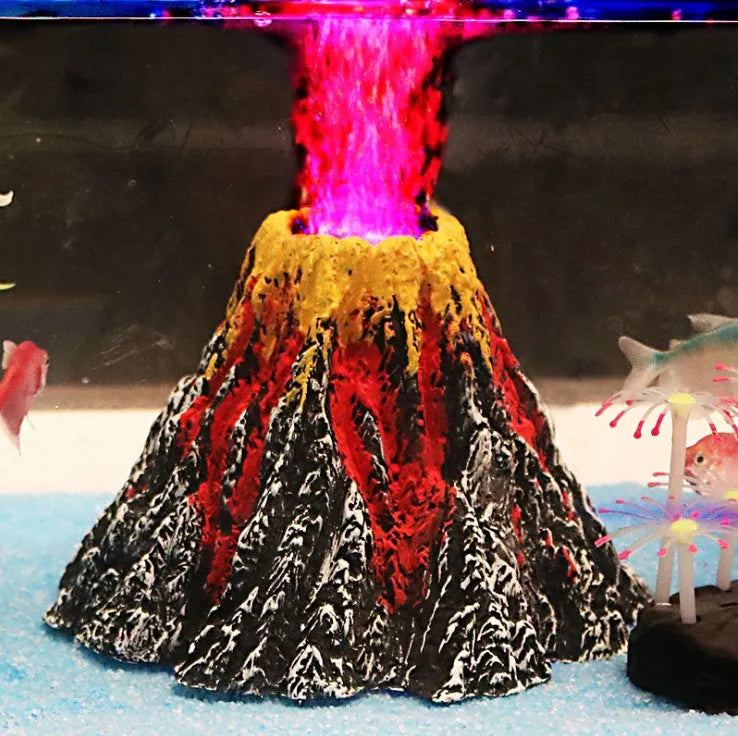 Aquarium volcano ornament with air bubbles and LED light for fish tank decoration in S and L sizes