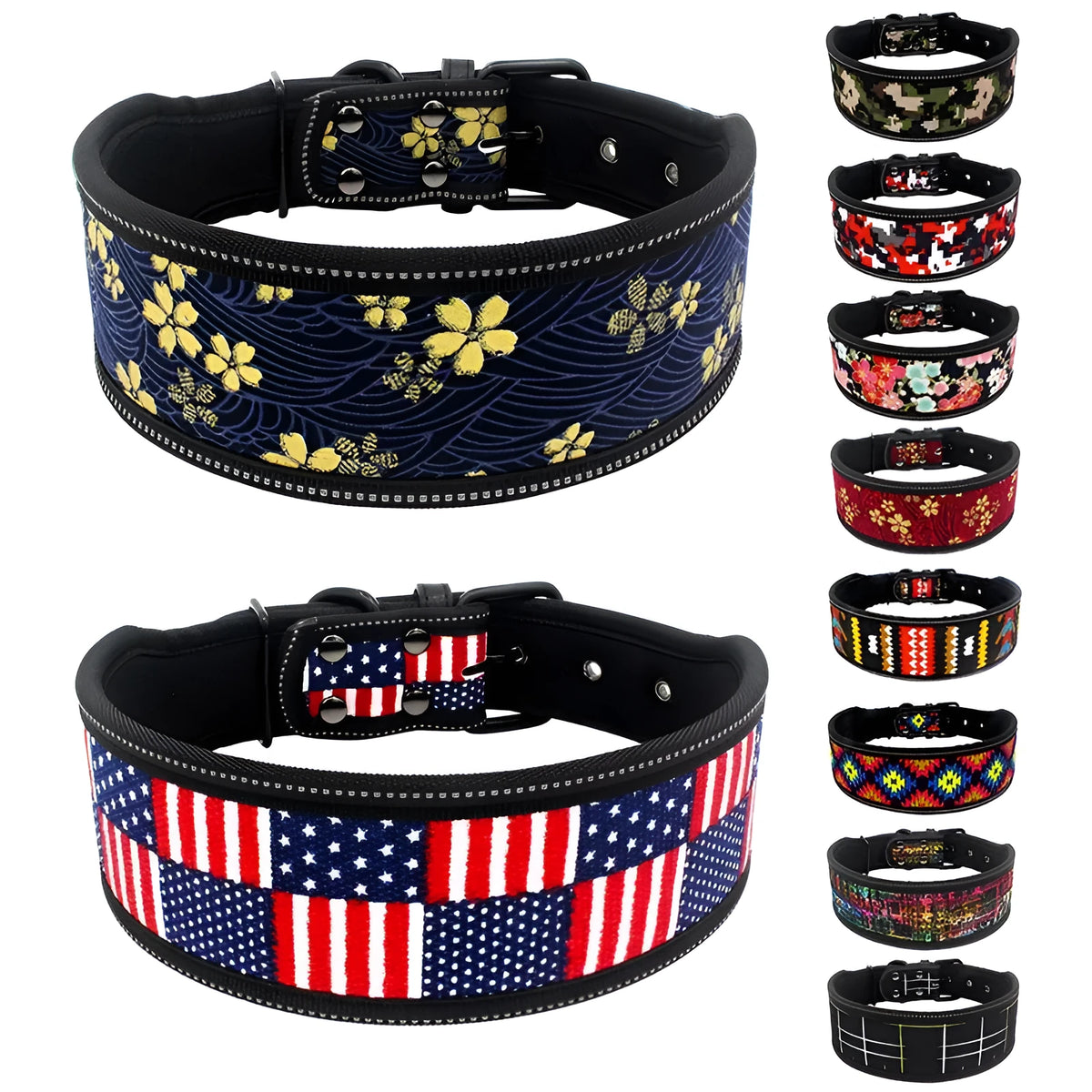 Cloth dog collar in blue camouflage pattern with metal buckle, size M for neck 39.5-49.5cm