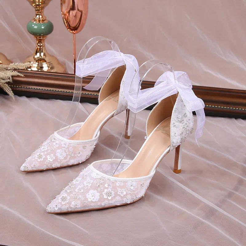 White satin women's sandals with sequin and hollowed design, pointed toe, high heel 6.5cm or 8.5cm