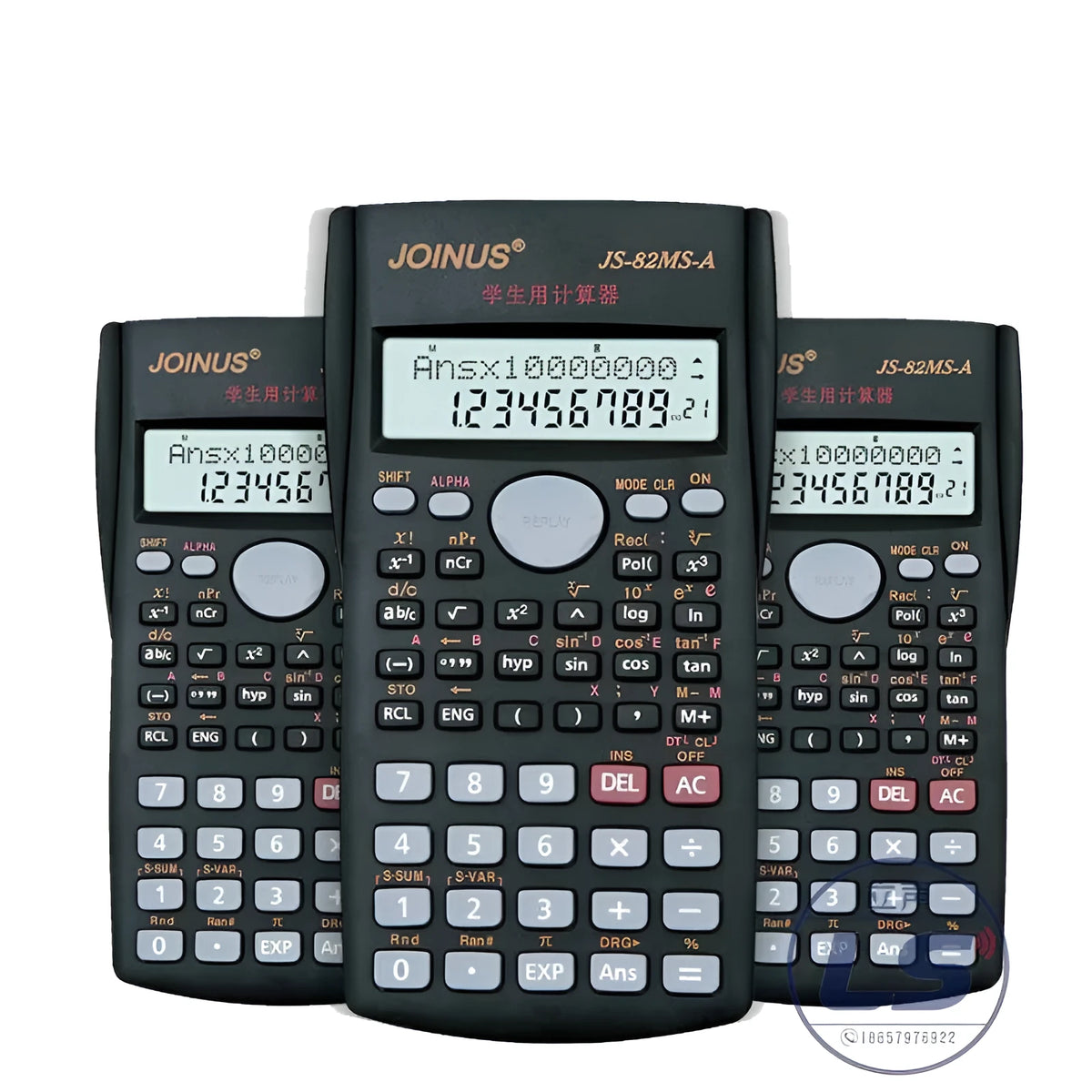 JS-82MS scientific calculator with 10-digit display, ABS housing, plastic buttons, 157 x 84 x 17 mm
