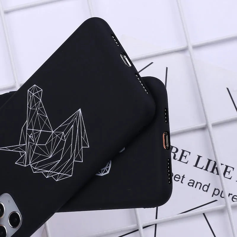 Animal line art painted TPU iPhone case showing graffiti-style cat, deer, horse, love, snake, and wolf designs on solid colour background