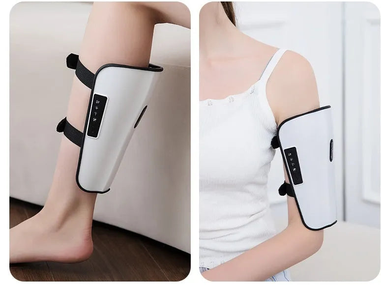 White plastic portable calf massager with mechanical control dials and a Type-C charging port.