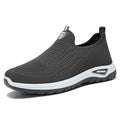 Men's black and grey breathable casual shoes with mesh lining and round toe design